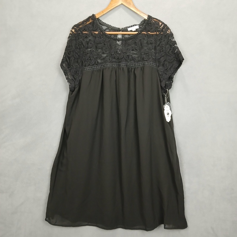 As U Wish Lace Shift Women Blouse 2X Black Chiffon Floral Short Sleeve Loose Fit